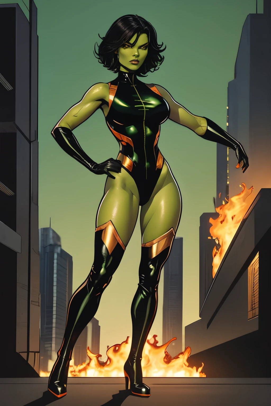 A gorgeous Latina superheroine mutant with short black hair, green skin, scaly skin, golden eyes, wearing a (black and orange leotard, thigh-high boots, long gloves).  Fire powers.