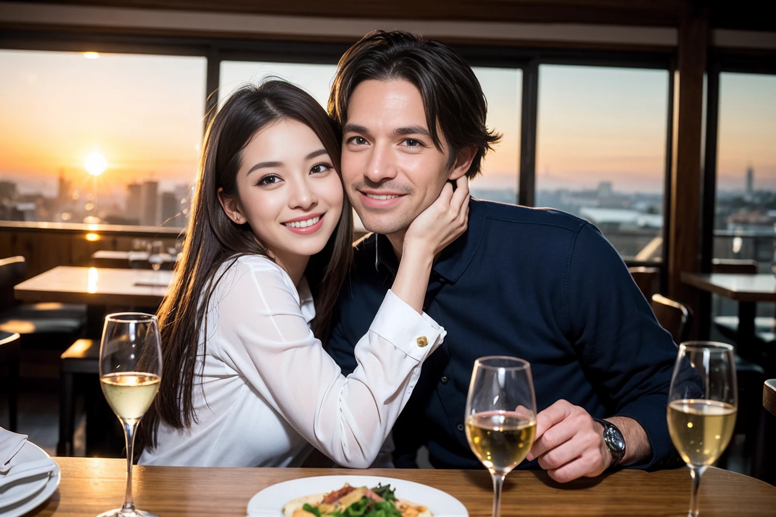 ((Highest quality、、masterpiece:1.3))、1 male、1 female、spouse、Beautiful couple、smile、full-course dinner、 (Slim face), (the body is スリム), (Brown Hair), (Shortcuts), ((Bob Hale、Straight hair:1.2)), テーブルの上のwine glass、Put the light on your face、 Amazing view of the sunset sky and clouds、smileの美しさ、Bright image、Blushing, Shortcuts, (43 years old), 39 years old, Appetizers、Italian food、Wine bottle、Champagne、sparkling wine、Long sleeve shirt、dress、Attractive beauty、restaurant, Nova Frog Style, actress, model, Upper Body, White wine, red wine, wine glass,
