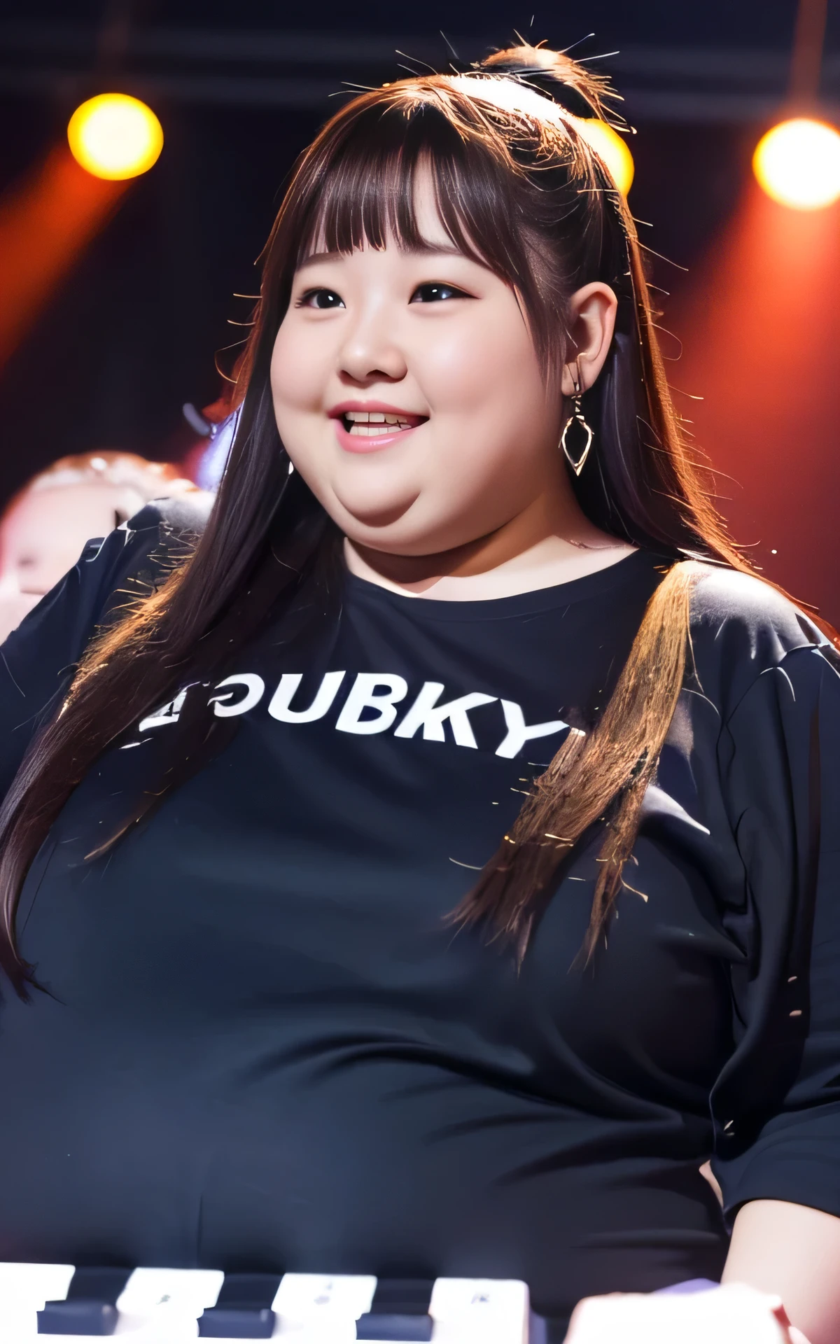 ((8K)), highest quality, 超High resolution, (Surreal)、(High resolution), 1 girl, idol, ((idol clothing)), Overweight, extremely fat, ((Chubby)), keyboard, on stage, Playing the keyboard