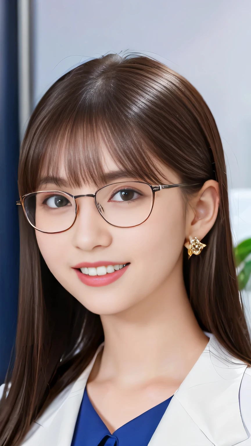 Highest quality:1.2), RAW Photos, High resolution, Very detailed, Intricate details, 、ear piercing、smile、Emphasis on teeth、Glasses、 (Front view, ), Clear beauty, Upper Body, (High quality fabric, Office Lady Suit 、首にネックレス、 indoor,