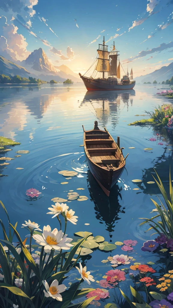A painting depicts a ship,There are beautiful flowers painted on it,Floating in the tranquility, Calm lake water in the afternoon (Width 672). This beautiful art illustration (Ultra HD 4K, Highly detailed numbers) A peaceful and tranquil scene, Artfully captures the beauty of the lake and its surroundings. Small boat, Exquisite wood carvings, Adds depth and interest to the work. Detailed landscape,Lush greenery, Vibrant colors, Bold brushstrokes reflect the soft light of the sun on the water. Reflections of the flowers and surrounding landscape create a mirror-like effect, Increases overall peace and sense of