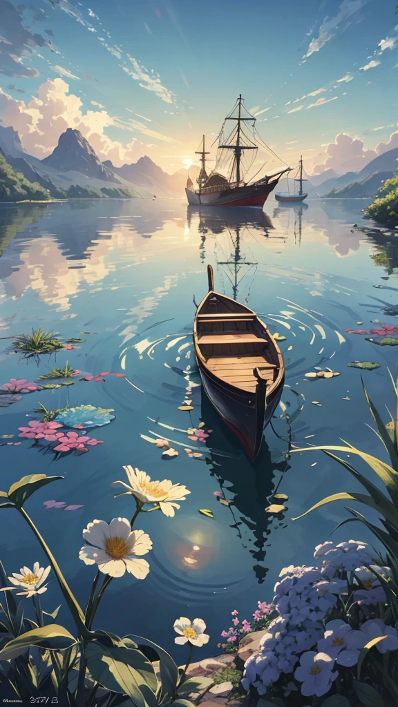 A painting depicts a ship,There are beautiful flowers painted on it,Floating in the tranquility, Calm lake water in the afternoon (Width 672). This beautiful art illustration (Ultra HD 4K, Highly detailed numbers) A peaceful and tranquil scene, Artfully captures the beauty of the lake and its surroundings. Small boat, Exquisite wood carvings, Adds depth and interest to the work. Detailed landscape,Lush greenery, Vibrant colors, Bold brushstrokes reflect the soft light of the sun on the water. Reflections of the flowers and surrounding landscape create a mirror-like effect, Increases overall peace and sense of