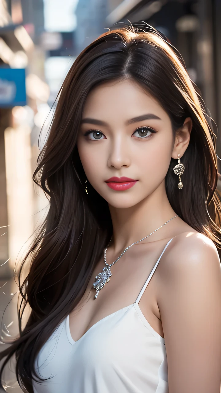 Urban beautiful girl college student, masterpiece, Light makeup, Red lips, Silver Hair, Messy long hair, Street background, beautiful, elegant. Ultra-fine details, masterpiece, Real texture, Level lighting realism, Perfect job, 16K, HD, Exquisite features,blue eyes、Japanese Idol、beautiful顔、Lovely smile、Brown hair、beautiful hair、Ponytail、Glamorous、 Large Breasts、nipple、Oily skin、Glowing skin、Tanned skin、Shiny black skin、Sexy camisole ,T-back, Big bright eyes, Smooth skin, earrings, necklace