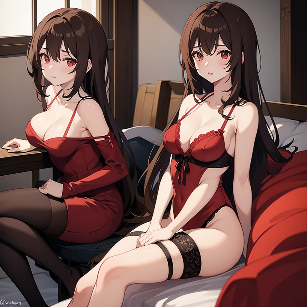 anime girl, with low neckline, brown hair and red eyes in lingerie