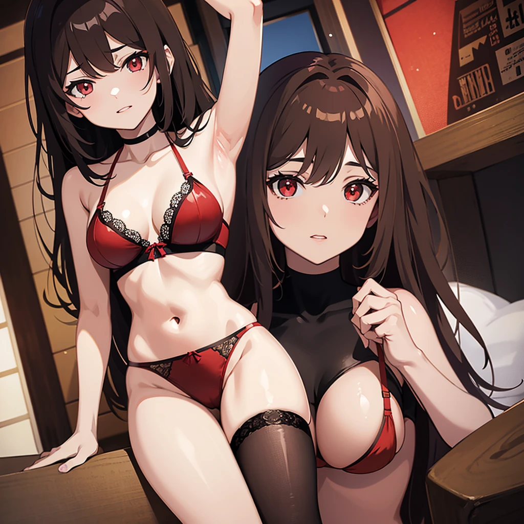 anime girl, with low neckline, brown hair and red eyes in lingerie 