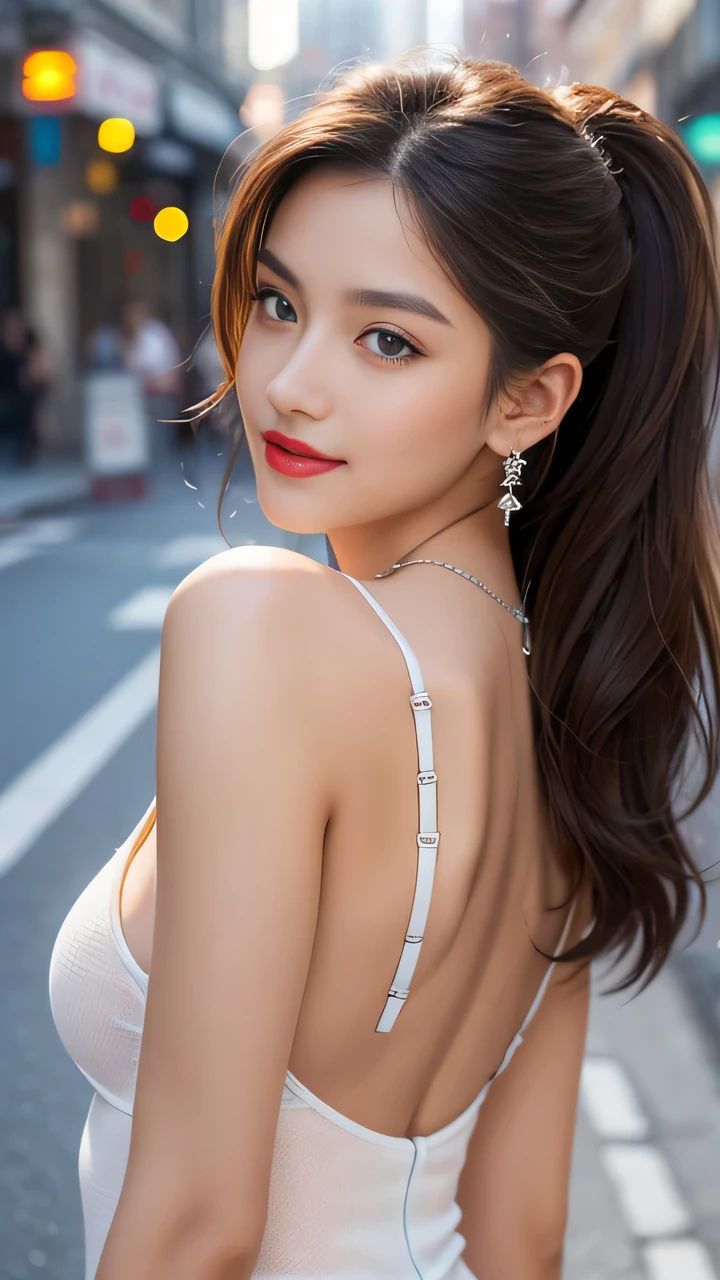Urban beautiful girl college student, masterpiece, Light makeup, Red lips, Silver Hair, Messy long hair, Street background, beautiful, elegant. Ultra-fine details, masterpiece, Real texture, Level lighting realism, Perfect job, 16K, HD, Exquisite features,blue eyes、Japanese Idol、beautiful顔、Lovely smile、Brown hair、beautiful hair、Ponytail、Glamorous、 Large Breasts、nipple、Oily skin、Glowing skin、Tanned skin、Shiny black skin、Sexy camisole ,T-back, Big bright eyes, Smooth skin, earrings, necklace
