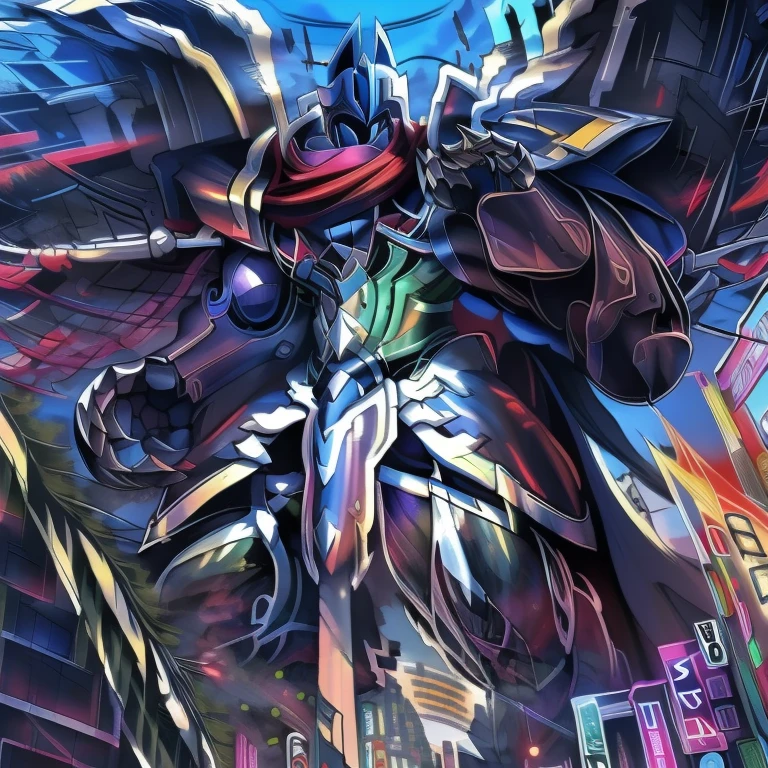 (masterpiece. official art. 8k. best quality. detailed full body. full body.)
(situation 1 : dominating LUCARIO. LUCARIO is over 1000 meters long. focus GIANT mechanical Muscular LUCARIO is trampling the city. Looking down. macro. stomp. Low-angle perspective. emphasizing the immense size.)
(situation 2 :smoke and flames rising from the destruction in the city)
(Additional details 1: BlackKnight_fe. Armor. Cape. Helmet. Sword. wearing a full-face helmet. high-tech bio-mecha armor. real texture material. whole body shines like metal. Wearing cyberpunk mecha. emphasizes the muscles. suit fully made of metal. intricate armor. Robotic suit. suit fully made of metal. cyborg. Powered exoskeleton with the same design as LUCARIO).
(Additional details 2: Detailed head. Detailed Body. Detailed abs. gigantic muscles. HYPER MUSCLES. Gigachad Muscular. big muscle. pecs. triceps. traps. unusually developed muscular body. body full of huge muscles. showing off muscles. pectorales enormes. Exaggeratedly huge muscles. huge muscles. long legs.).
(Additional details 3: nj5furry, Spread wings. It has wings. black have big wings. The claws are sharp. Sharp teeth.).
(Additional details 4: tiny thong, metallic color: jet black thong. bulge in the crotch.)