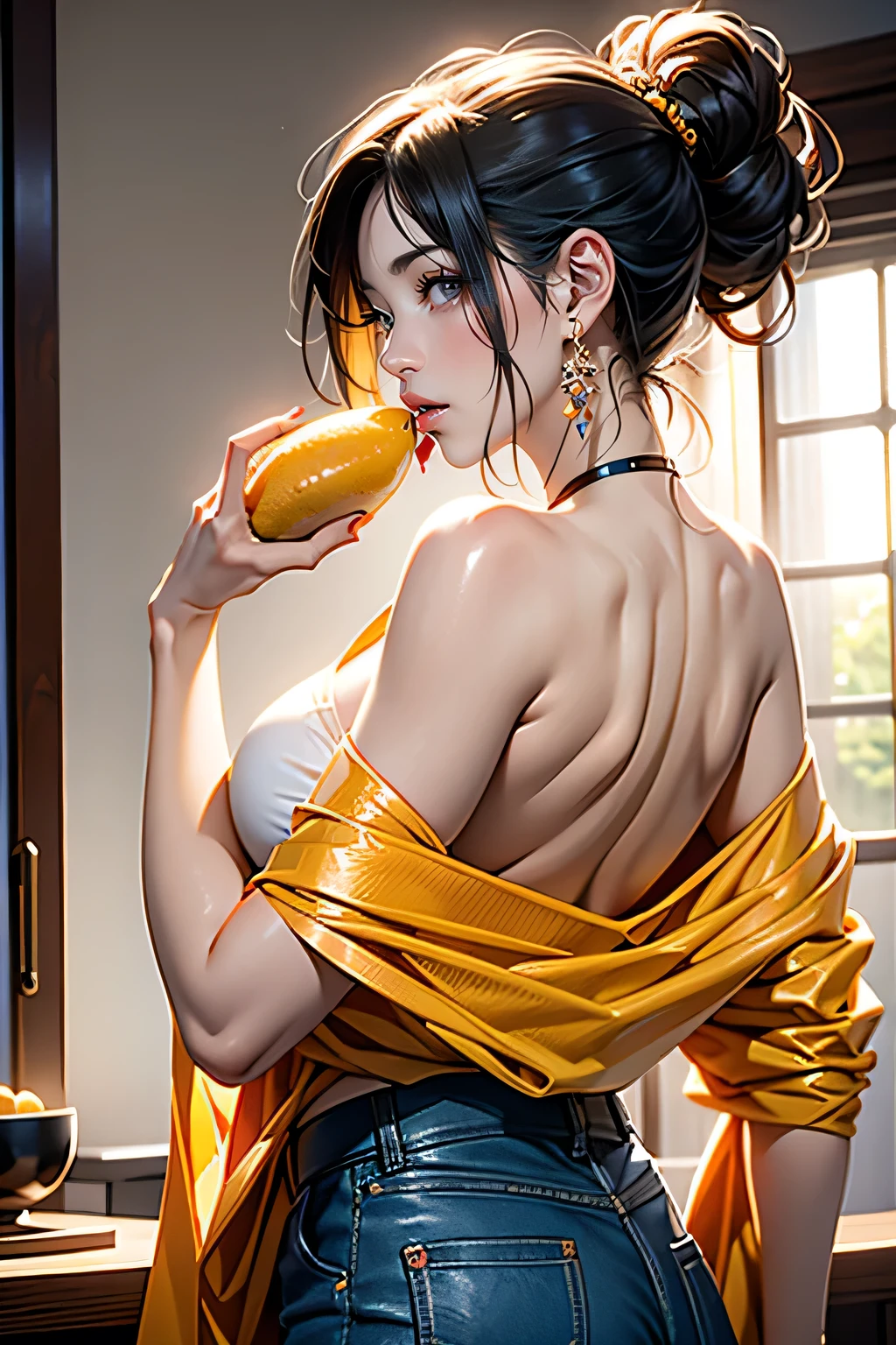 A woman holding a mango in her right hand, raising her right hand, sticking out her tongue and licking the mango, side profile view, sensual, joyful, delicious-looking, looking at the viewer