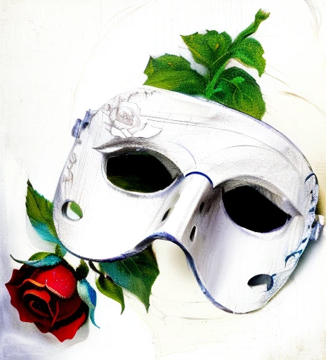 a drawing of a white mask with a rose on it, theater mask, masqua, ( ( mask ) ), broken mask, white mask, mask, by Rhea Carmi, ghost mask, by Eva Gonzalès, phantom, drama masks, rose, by Ignacio Zuloaga, shaded, the mask is broken, drawn, by Ayako Rokkaku