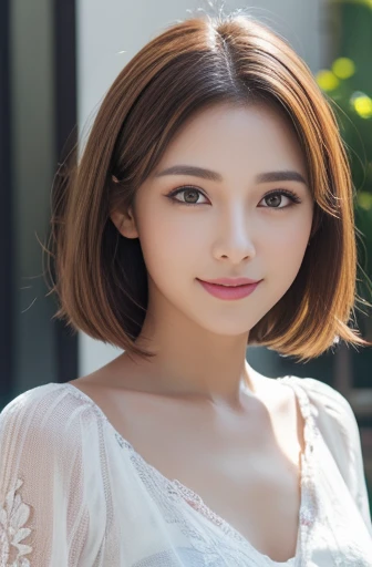 (Raw photo), (Photo realistic), (masterpiece), (Highest quality), High resolution, 8K resolution, (Exquisite detail), (Volumetric Light), Portraiture, woman, 30 years, short hair, Straight Hair, Layered Hair, Brown haired, Very white and translucent skin,Highly detailed eyes, Source Order, Very fine eyebrows, eyelash,Highly detailed skin, Highly detailed mouth, Highly detailed nose, Cute like an idol, Smile, ((Look at the viewers)), (Elegant and transparent red colorful blouse), Random Body Orientation,