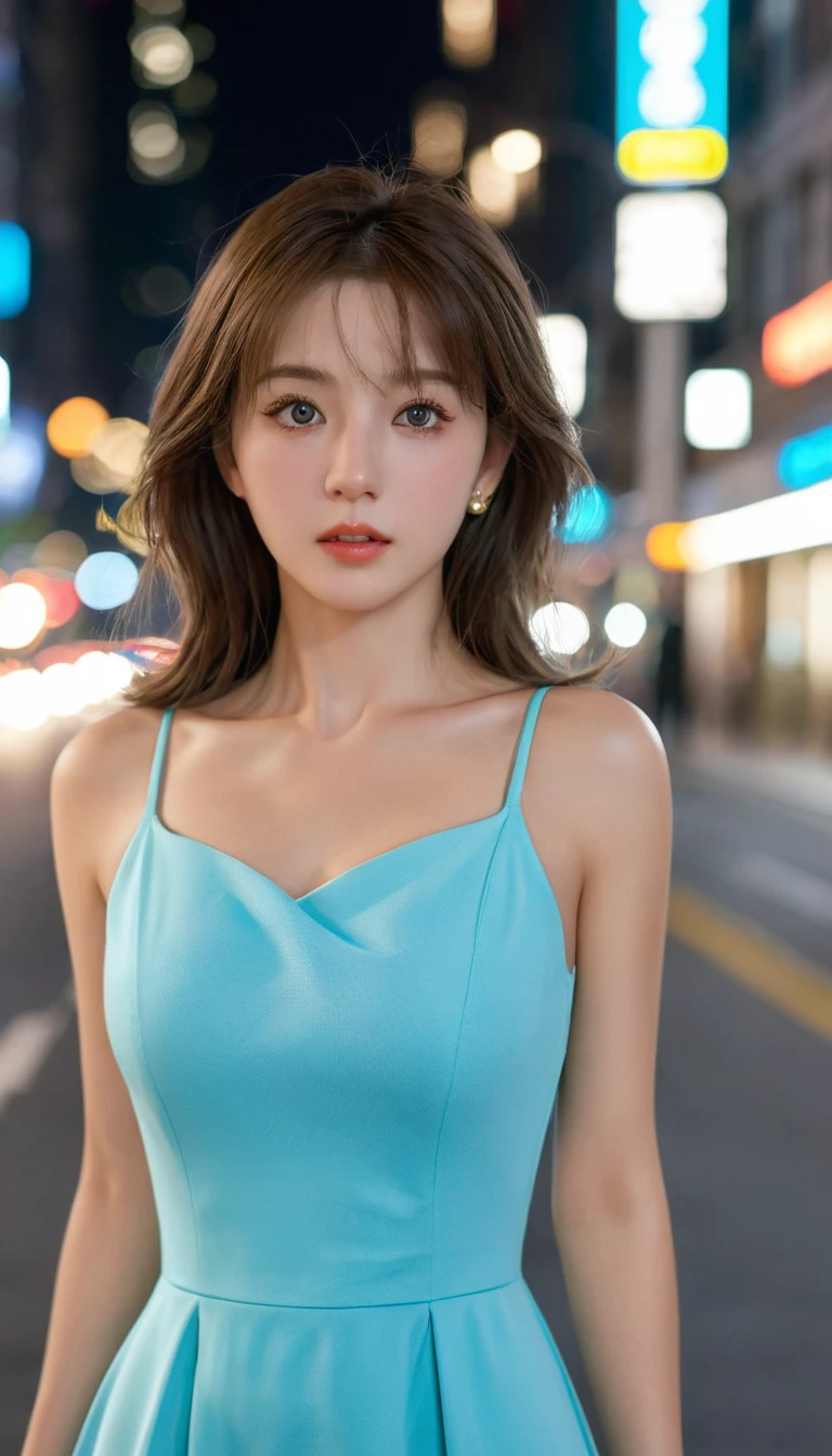 (best quality, 8K, masterpiece: 1.3), Be focused: 1.2, beauty: 1.4, Abdominal muscles: 1.1, Brown hair, Aqua blue dress: 1.4, Outdoors at night: 1.1, City Streets, Pretty face and eyes, Double eyelids. Add realistic lighting, Pay attention to adjusting the proportions.