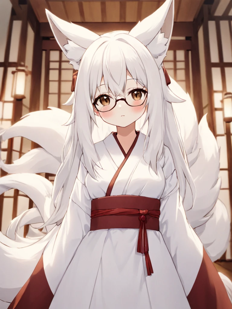 1girl, solo, long white hair, brown eyes, adult, nine-tailed Kitsune, kemonomimi, nine tails, fox ears, glasses, white Kimono dress with red sash, light blush, fair-skinned, looking_at_viewer, indoors