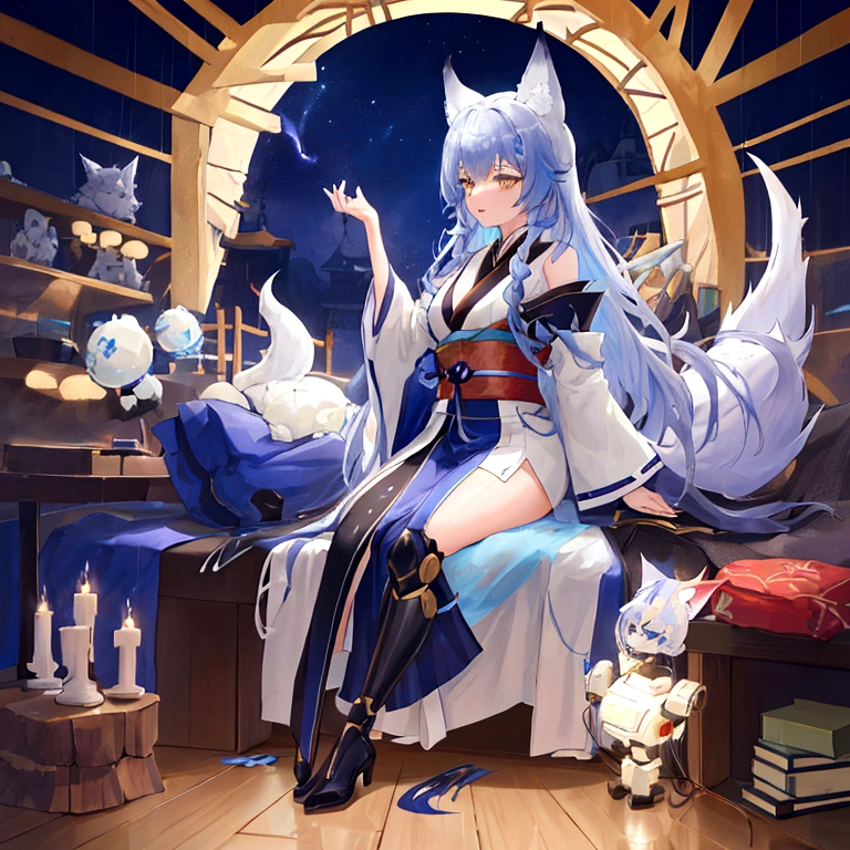 fox Light blue hair 　beast girl　indigo fur　fox beast girl　fox Light blue hair 　beast girl　indigo fur　fox beast girl　Wallpaper 4k,8k,highly detailled,,vivid colors,detailed kitsune with 9 tails,traditional Japanese artwork,tatami floor,beautiful cherry blossoms,floating lanterns,dark silhouette of a pagoda,subtle moonlight,dense forest,ethereal atmosphere,dappled sunlight,whimsical spirit,serene expression,elaborate kimono and obi,delicate hand-painted details,luminous eyes　Anime Style　fox　blue　White-faced golden-haired nine-tailed fox　Coat blue　　((best quality)), ((masterpiece)), (detailed), perfect face,solo,kemono,night,fantasy,rainy,thunder,black fur,golden stripes,anthro black wolf.wore a robe that hugged his muscular frame, with a long blue cloak draped over his shoulders.golden eyes,magic,wizard hooded((best quality)), ((masterpiece)), (detailed), perfect face,solo,kemono,night,fantasy,rainy,thunder,black fur,golden stripes,anthro black wolf.wore a robe that hugged his muscular frame, with a long blue cloak draped over his shoulders.golden eyes,magic,wizard hooded　mysterious background　Blue Flame　girl　have a ball of light Anime Style　fox　blue　White-faced golden-haired nine-tailed fox　Coat blue　full body furry wolf,center,((beautiful hairl)),((Solo)),((Furry)),((e621)),((Furry robotic wolf)),(protogen robot  wolf)))，Made of metal，（cyborg people：1.1），（[coda|Line of detail]：1.3），（complexdetails），hdr，（complexdetails，Hyper-detailing：1.2），cinema shot，tmasterpiece，best qualtiy，A high resolution，bulge foreign body penetration，at centre,Robot feet，((Mechanical high heels))， Android，(robotjoints)，(Robot briefs)，Cool robot feet,robot leg,(Cyborg footwear)，((Robotic footwear high heels)) ,(((Robotic breasts))),(((android))),(((Robot full-body sexual suggestion)))，((((android))))，Cute girl made of metal, (Cyborg: 1.1), ([Tail | More wires]: 1.3), (complexdetails), hdr, (complexdetails, Ultra detail: 1.2), cinema s　　mysterious background　Blue Flame　girl　have a ball of light