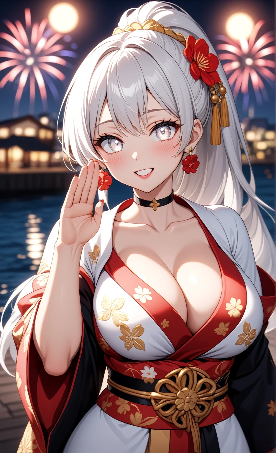 ((One personの女性)), Beautiful Face, (Laughing embarrassedly), ((laugh)), ((Wink:1.8)), ((waving at viewer:1.3), Laugh with your mouth wide open,((Bright red cheeks:1.4)),Shiny red lips, night,横浜のnight景,You can see the ocean, firework,,Glossy pink lips,Facial lighting,((Anime style background)),masterpiece, Highest quality, so beautiful,up to date, Complex details, (4fingers and 1thumbs), (Pink long nails), (ring),(bracelet),(choker),AI-generated, Complex,High resolution, Highest quality, super high quality,3D Images、3D Images,One person,Long white hair,High Ponytail,(blue eyes),Anime woman posing for a photo, ((Fine grain、Silvery white eyes、Shining Eyes:1.4)),(Squint your eyes:1.1),a hyperRealistic , hyperRealistic , Realistic,Anime woman with long white hair, Smooth anime CG art, A woman in a colorful kimono with gold embroidery, (Black long sleeve kimono),Red floral pattern,Long flower hair ornament,Earrings,Mature Body,(Big Breasts:1.1),Tall,Abdominal muscles,Narrow waist,(Zoom up to face:1.4), ((front view)),