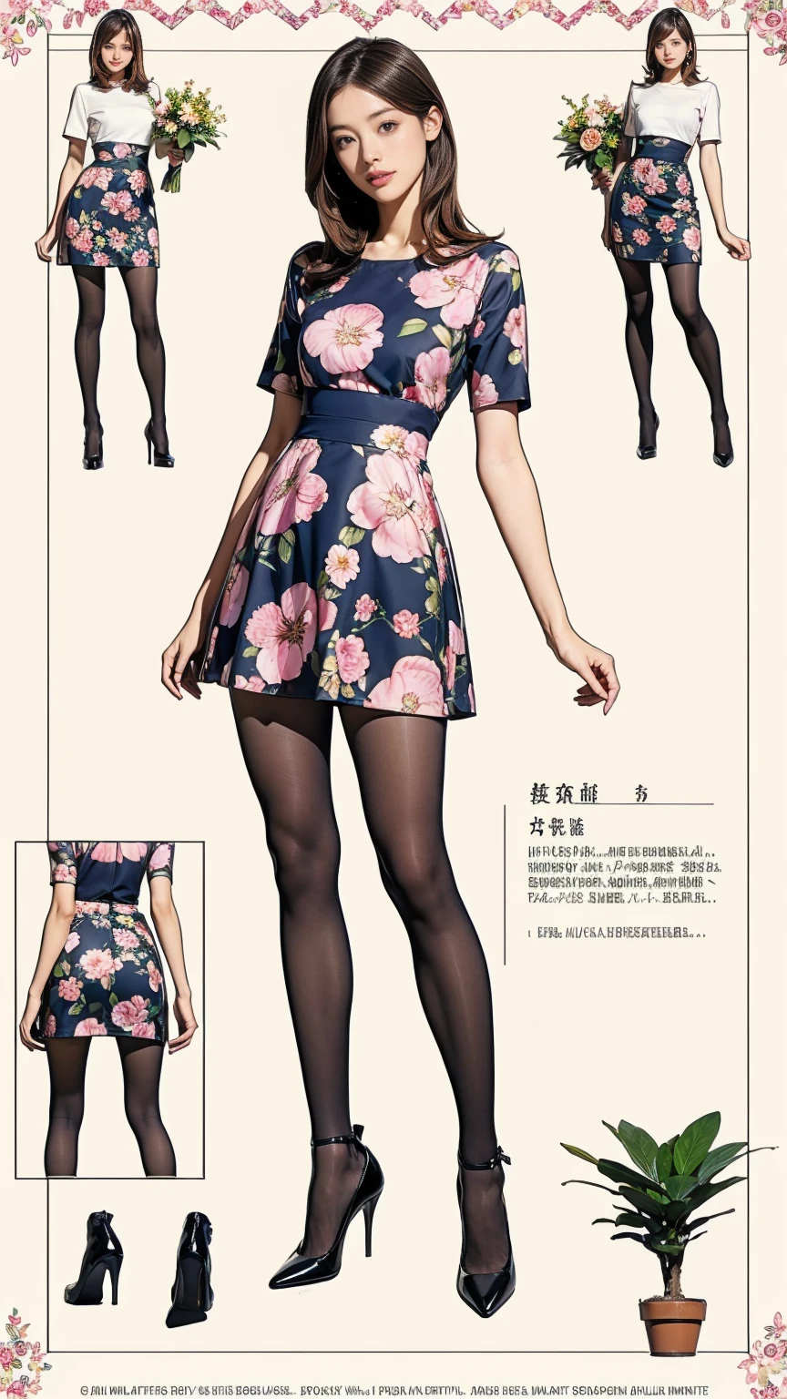 ((masterpiece)),(((Highest quality))),((Character design sheet)),Thin thighs,Long legs,whole body:1.5，(One Girl:1.3),(Black pantyhose and thick pointy heels：1.3),(Wearing a floral and plant patterned mini skirt dress:1.2),Short blonde:1.2、Model pose，