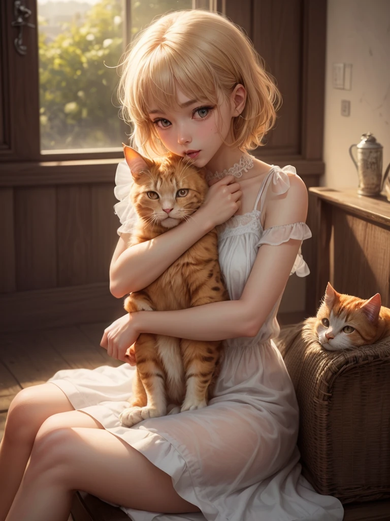 A beautiful girl short hair clean blonde with gray eyes, beautiful white dress, cute orange cat, affection, love, cozy atmosphere, natural light.