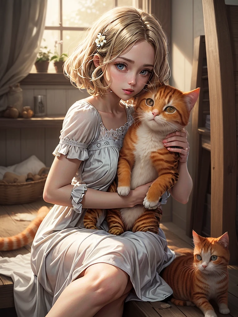 A beautiful girl short hair clean blonde with gray eyes, beautiful white dress, cute orange cat, affection, love, cozy atmosphere, natural light.