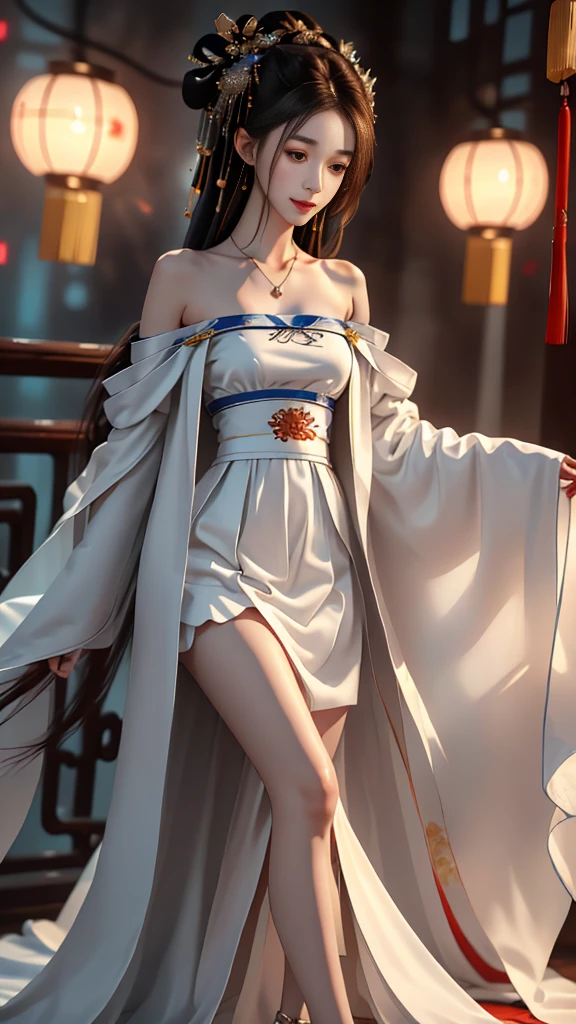 Girl in traditional Chinese clothing, Hanfu ,long black hair, black eyes, black bun hairstyle, hair accessories ,white diamond earrings, Bangle Diameter, Dia Necklace, Clear eyes, Facing forward,put on makeup, Long eyelashes ,(Long shoulder coat:1.5), (long white skirt:1.5), ((Whole body)), ((from below)), Clear face, , (Very beautiful face, Beautiful mouth, beautiful eyes), detailed face, ((Ultra-fine skin)), In the dark, deep shadows, an ancient Chinese girl (Very slim figure 1.3) ,Plump breasts, sexy slender legs elegant posture (smile brightly) (city night (neon light)) (nighttime ),