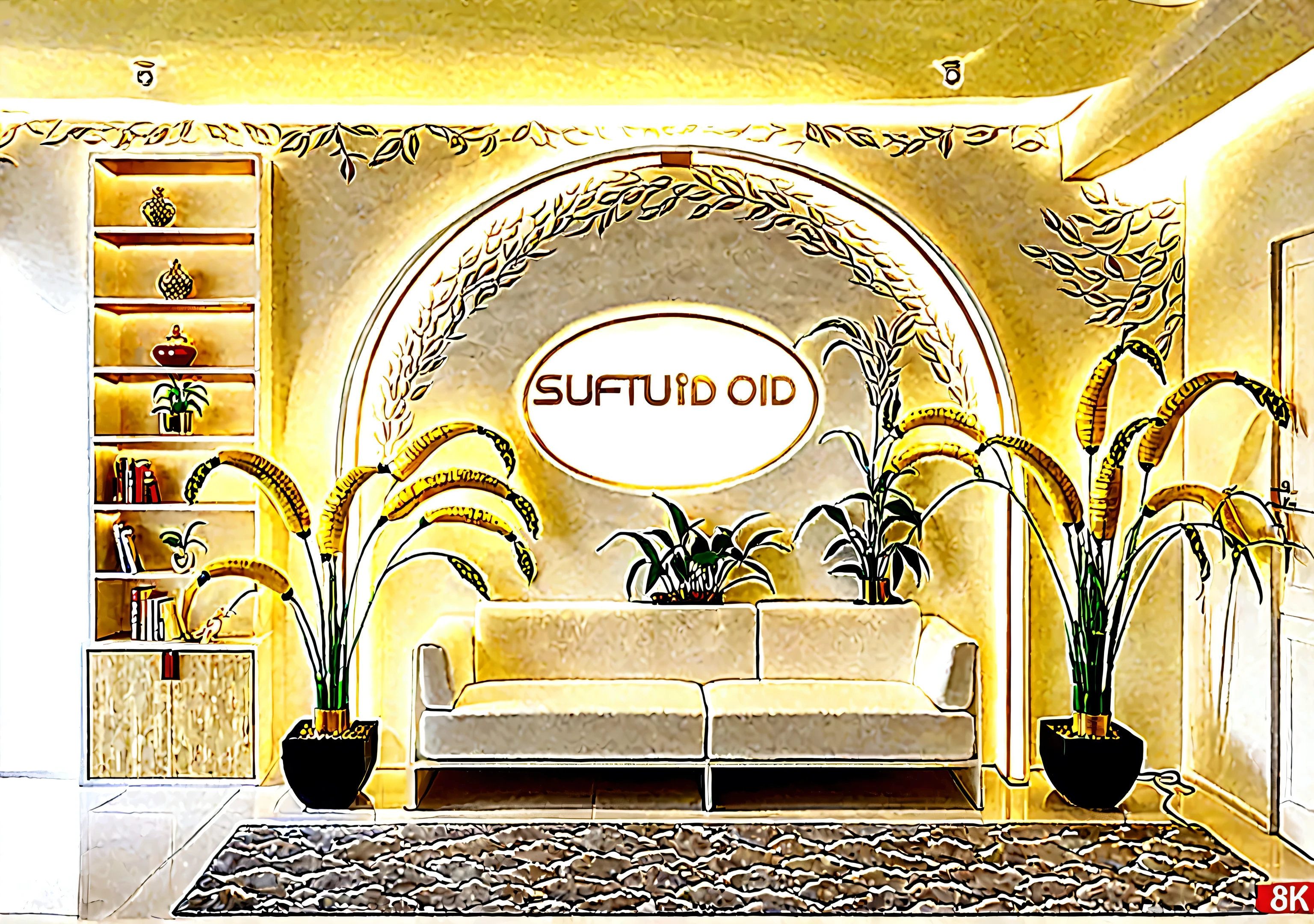 Create a stylish and simple living room，There is an arch-shaped decorative light surround on the white wall，There are golden ears of wheat inside，There is a banana tree on the right.，There are 6 shelves on the left side，There is perfume on the shelf，Potted plants，Night Light。The room should combine the texture of plasterboard and wallpaper，To present a stylish and exquisite appearance，Bright lights in the room，Soft light, Make the space feel open and bright. Incorporate simple decorative elements，Enhance modern aesthetic.Front view，Head-up，Real Effects，Photography，8K，Super Detail，High-definition photography