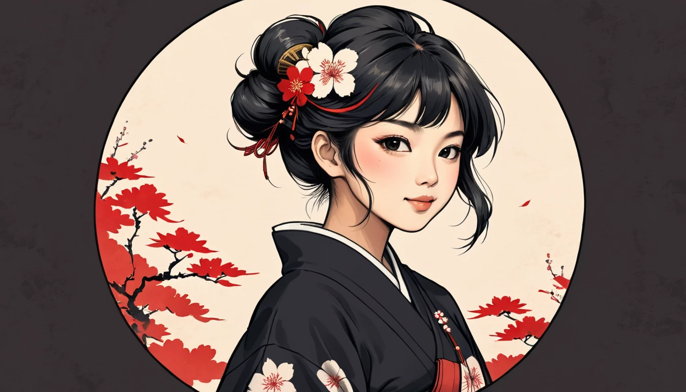 1 girl, circular logo, located in the middle, ink style, beautiful happy Japanese girl, Japanese clothing, Japanese hairstyle, negative space, Japanese ink drawing, typical Japanese dyed background