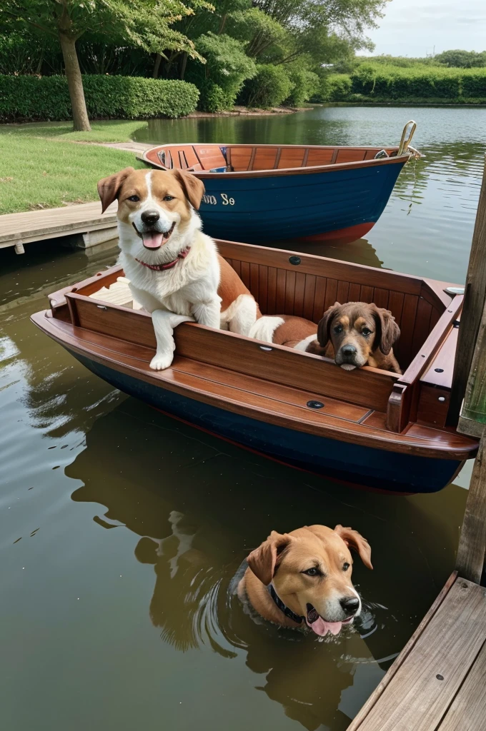 Adog siting in a, boat and the dog play there
