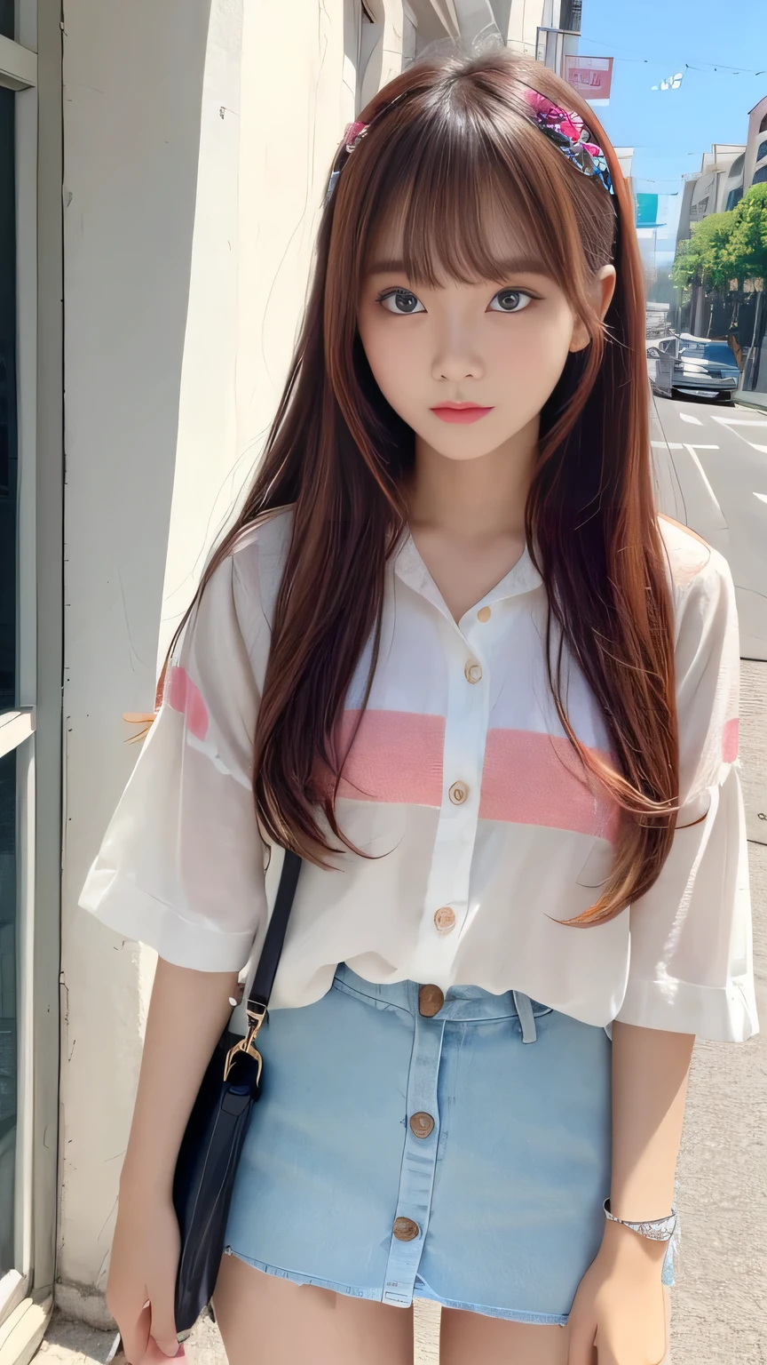 Sunburn marks on tanned skin、blush、Multicolored hair color、Bangs on the face、Bangs between the eyes、Super long hair、Beautiful bright transparent light blue big eyes that are charming and shining、A cute -yeld giwith a cute look, A strong wind blows my hair in front of my face、Beautiful big sparkling eyes, Cute eyes hidden by long bangs、Yawn、No visible nasolabial folds、A short, light-colored miniskirt、A cute and colorful summer shirt、Korean Beauty、Dark blush on the cheeks