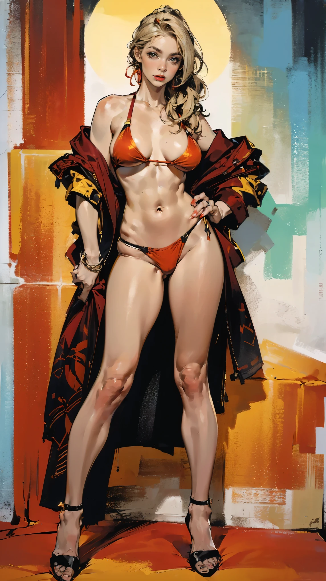 (Best quality, 4K, high resolution, masterpiece:1.2), ultra-detailed, realistic (photo-realistic:1.37), (full-body portrait), (fashion model pose), 40 years old, Russian woman, ambitious, elegance, calm, charming, intimidate, (blonde hair, power high ponytail hairstyle), perfect lash, perfect makeup, sun-tan skin, expressive blue eyes, wine lips, mature woman charms, seductive allure, perfect hourglass body shape, long toned legs, flat abs, perfectly round E cup breasts, very Tall, slim, with peachy hips, (((She is wearing a provocative and fiery red bikini bra, a matching fiery red bikini thong))), Background featuring luxurious penthouse.