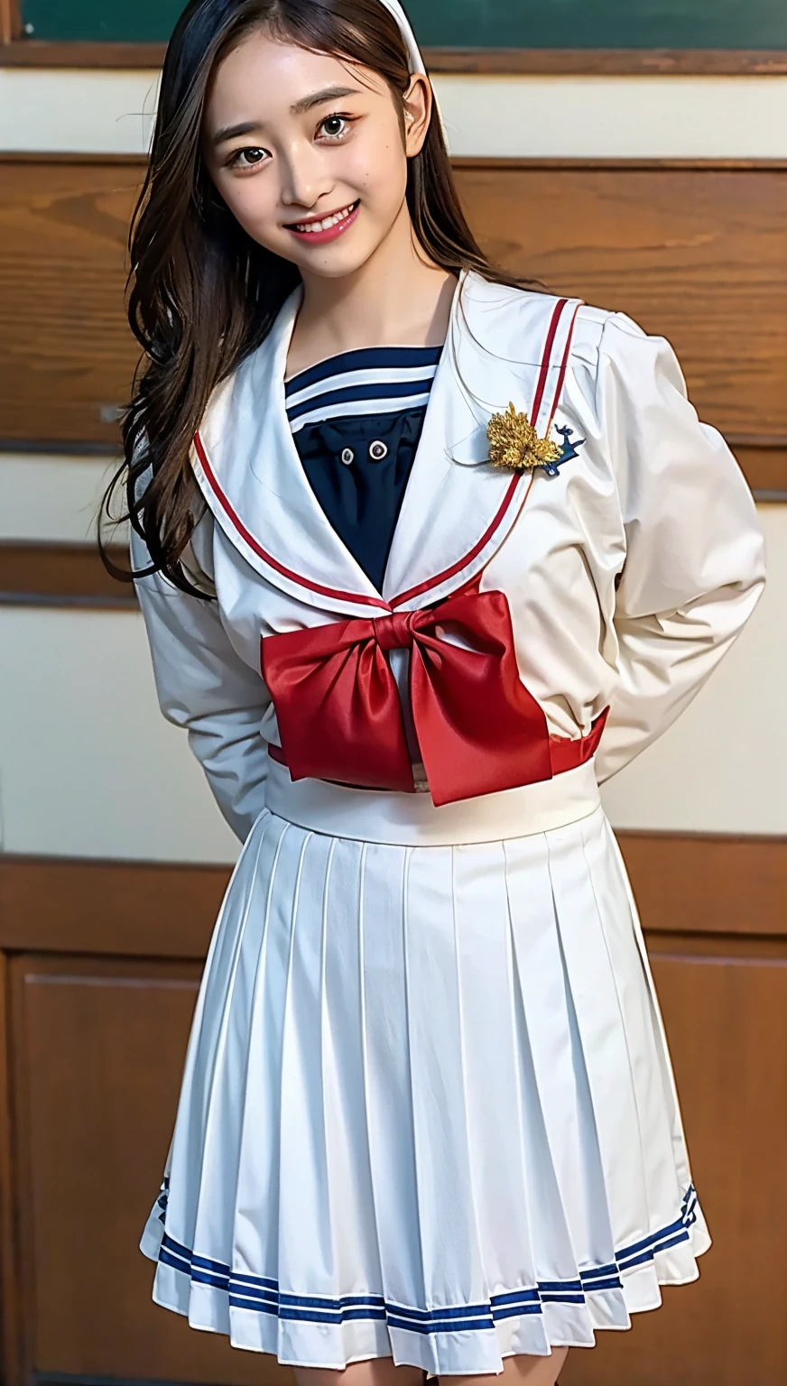(((cowboy shot))),Ultra-high resolution,big eyes,(brown eyes),Japanese,(forehead),(a girl),(1 girl),(()),(cute),pretty,((facing at viewer)),grin,(((white school sailor uniform))),pleated skirt