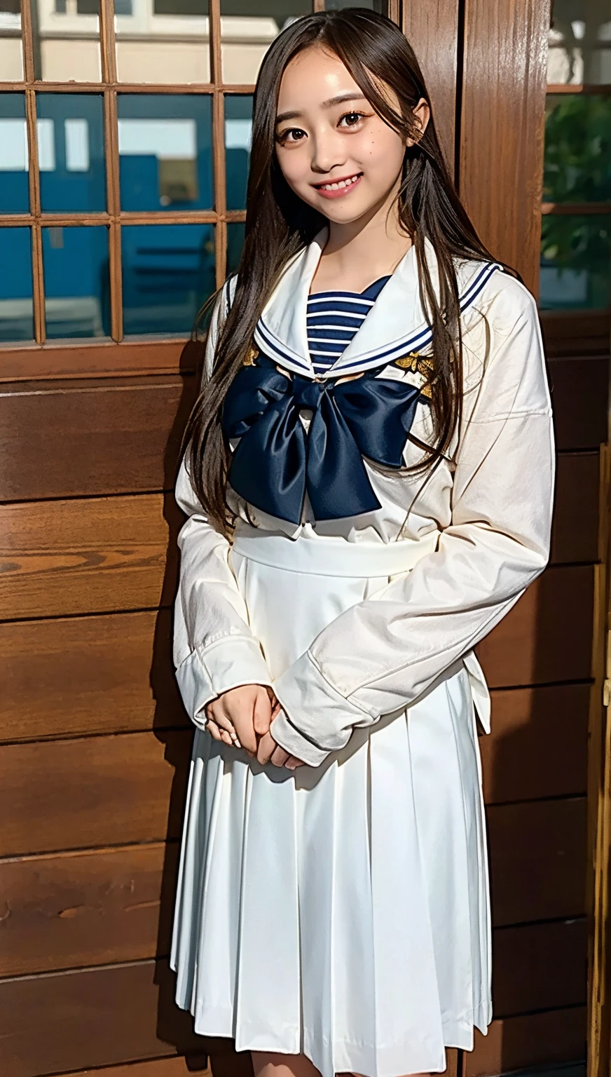 (((cowboy shot))),Ultra-high resolution,big eyes,(brown eyes),Japanese,(forehead),(a girl),(1 girl),(()),(cute),pretty,((facing at viewer)),grin,(((white school sailor uniform))),pleated skirt