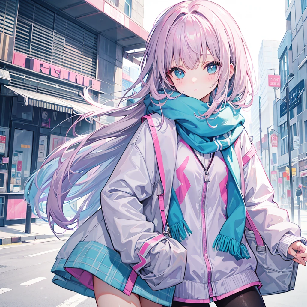 Gray-pink bangs，Blue-green pupils，Wear a silver-white jacket and pink sweater，Wearing a blue scarf，It's a cute girl