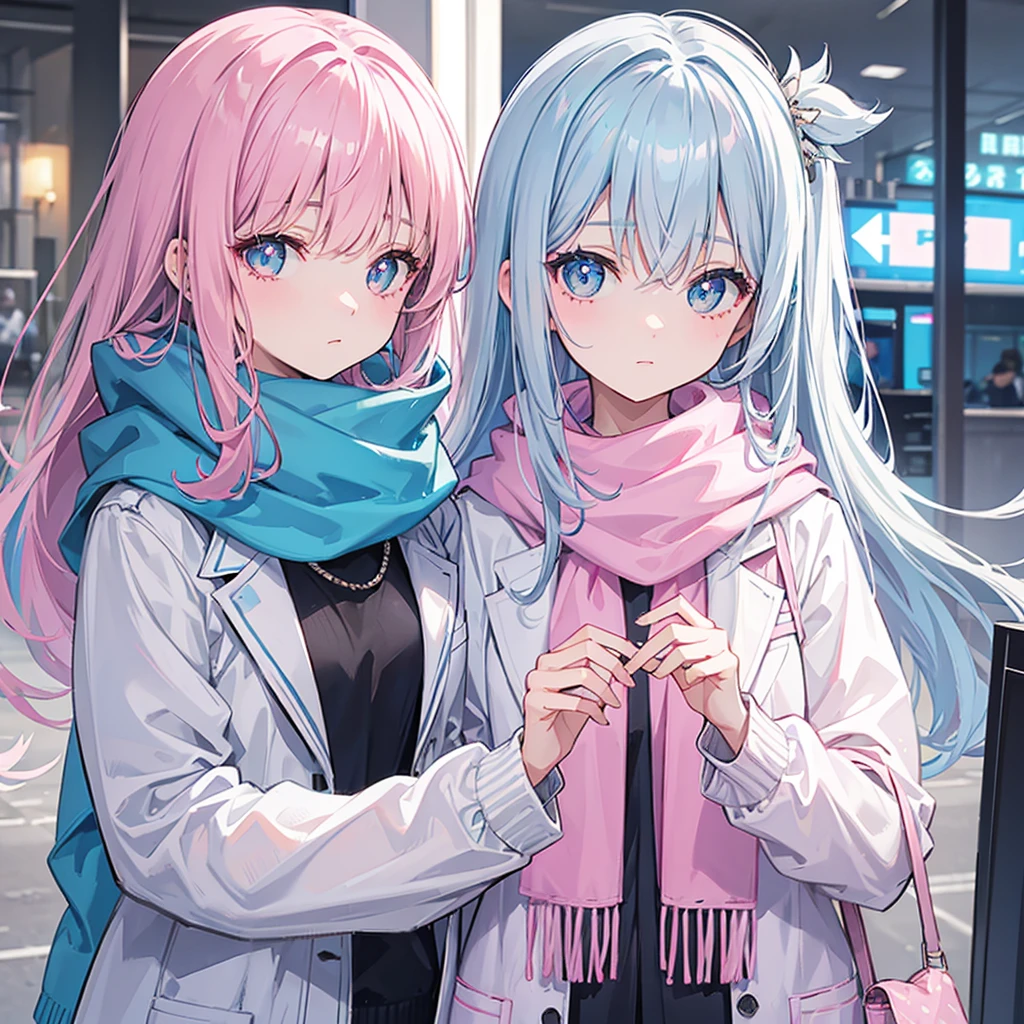 Gray-pink bangs，Blue-green pupils，Wear a silver-white jacket and pink sweater，Wearing a blue scarf，It's a cute girl