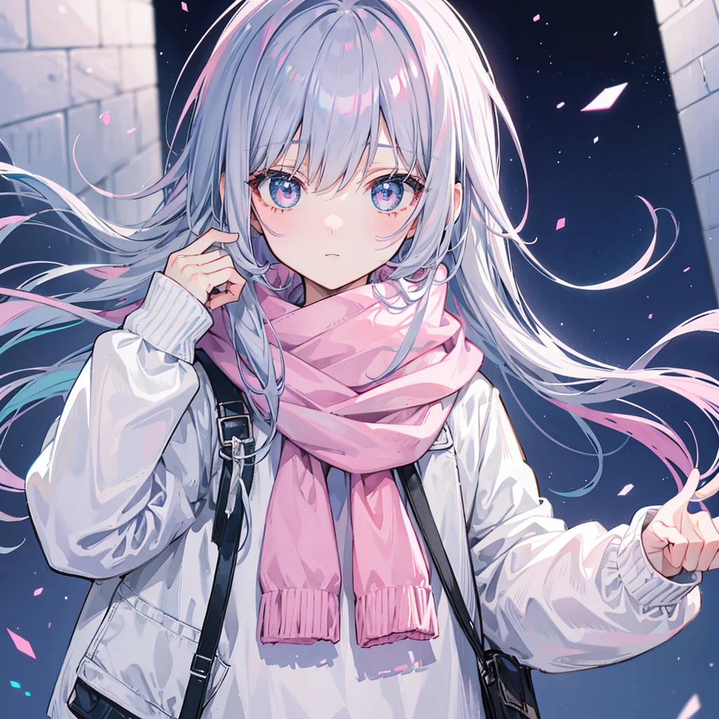 Gray-pink bangs，Blue-green pupils，Wear a silver-white jacket and pink sweater，Wearing a blue scarf，It's a cute girl