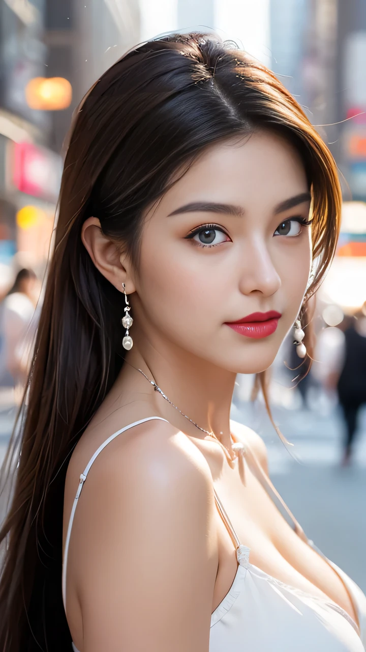 Urban beautiful girl college student, masterpiece, Light makeup, Red lips, Silver Hair, Messy long hair, Street background, beautiful, elegant. Ultra-fine details, masterpiece, Real texture, Level lighting realism, Perfect job, 16K, HD, Exquisite features,blue eyes、Japanese Idol、beautiful顔、Lovely smile、Brown hair、beautiful hair、Ponytail、Glamorous、 Large Breasts、nipple、Oily skin、Glowing skin、Tanned skin、Shiny black skin、Sexy camisole ,T-back, Big bright eyes, Smooth skin, earrings, necklace