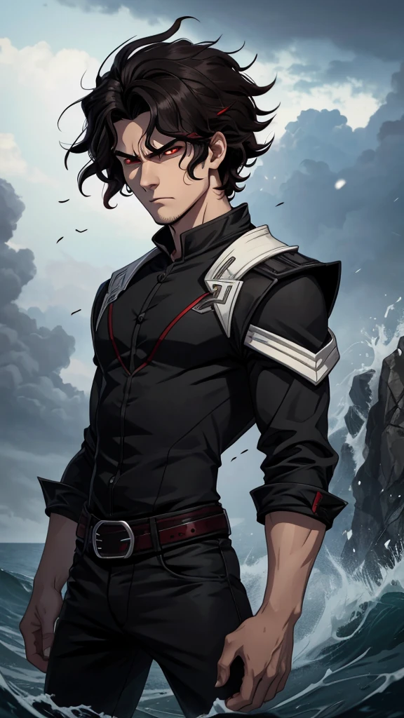26-year-old young man with an angry appearance, red eyes, black, wavy hair cut, white skin, weather-worn clothes, 1.67 tall.