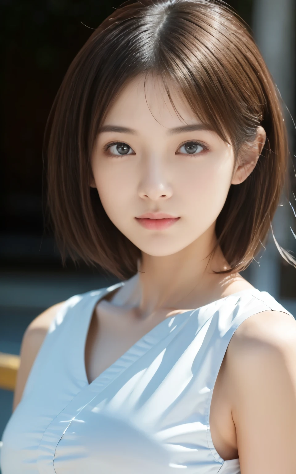 ((Best Quality, 8K, masutepiece: 1.3)), (Sharp Focus: 1.2), 1 girl, Face shot, close-up, Neat and clean beauty, 20 years old, Japanese, Looking away, Classy and elegant, Slightly open mouth, Cute, Shy, A pretty girl with perfect figure, ((Medium hair swaying in the wind)), shyly smile, Highly detailed face and skin texture, Detailed eyes, Book Librar