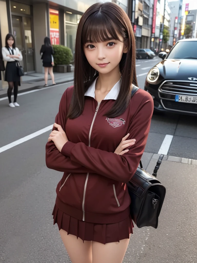 (8K, RAW Photos, Highest quality, masterpiece:1.2), (Realistic, photo-Realistic:1.4), (Highly detailed 8K wallpapers), ((Full Body Shot)), (1 girl), Sharp focus, Depth of written boundary, Cinematic lighting, Soft Light, 緻密な美しさのeye, eye_Chan, Very beautiful girl, innocent big eyes, Realistic, photo Realistic, Highly detailed cute girl, (Thin thighs), (Model Body Type), 18-year-old, ((Wine Red Track Jacket)), (Black Micro Mini Pleated Skirt), (((Fold your arms in front of your chest and act arrogantly))), ((A happy smile)), Parted lips, Watching the audience, (On the streets of Tokyo) , (Brown Hair),(Long Bob Hair), (Asymmetrical bangs)