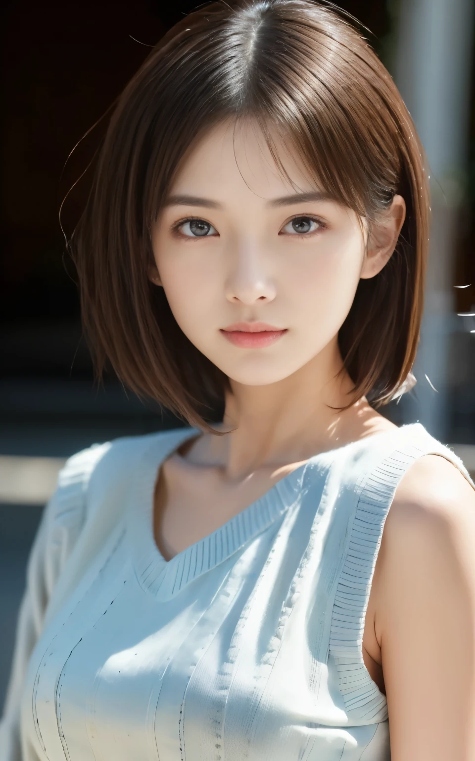 ((Best Quality, 8K, masutepiece: 1.3)), (Sharp Focus: 1.2), 1 girl, Face shot, close-up, Neat and clean beauty, 20 years old, Japanese, Looking away, Classy and elegant, Slightly open mouth, Cute, Shy, A pretty girl with perfect figure, ((Medium hair swaying in the wind)), shyly smile, Highly detailed face and skin texture, Detailed eyes, Book Librar