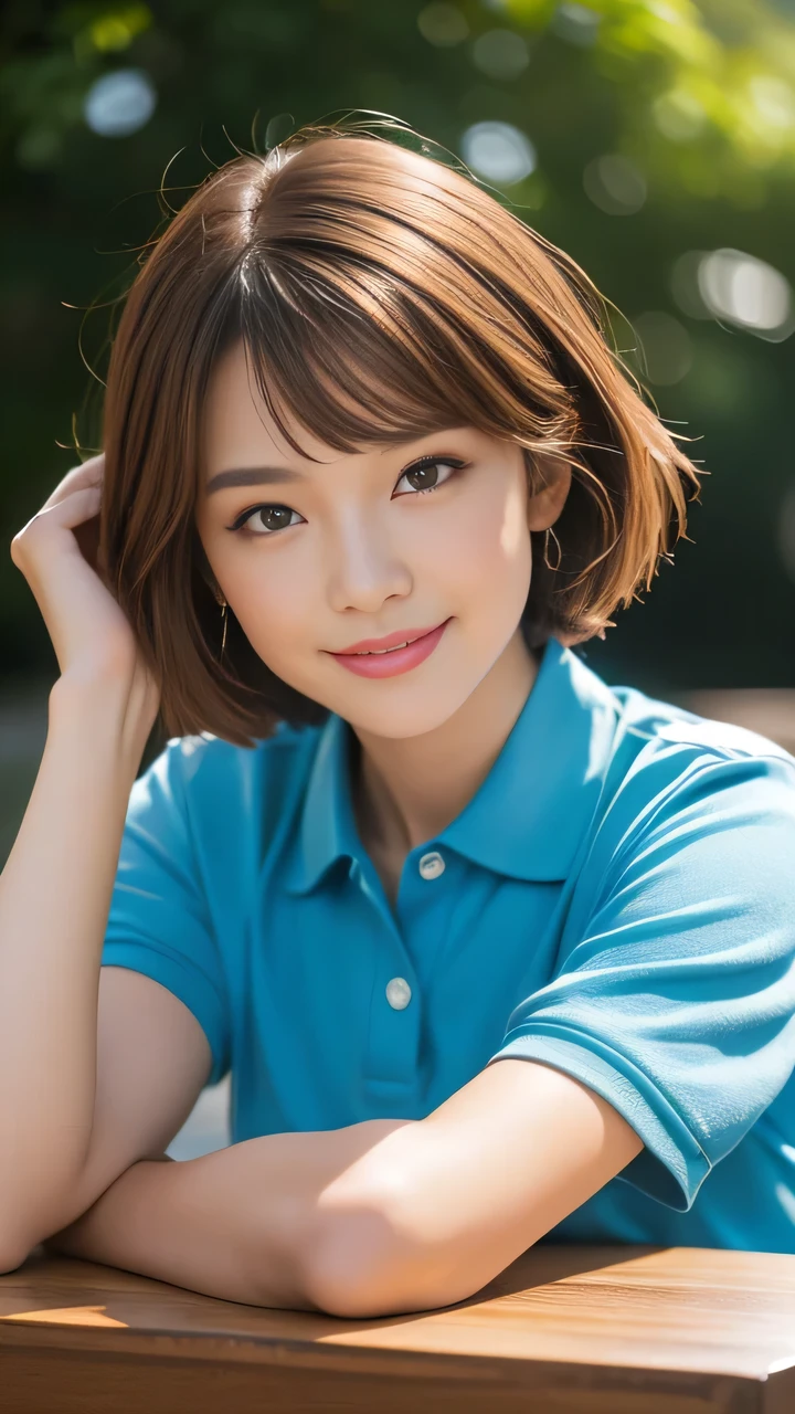 ((Top quality, On the table, Practical)), 1 Girl, Light brown hair, Short Bob Hairstyle, 8K, 85 mm, RAW photos, Scenery background, Smile, Light Polo Shirt, in office