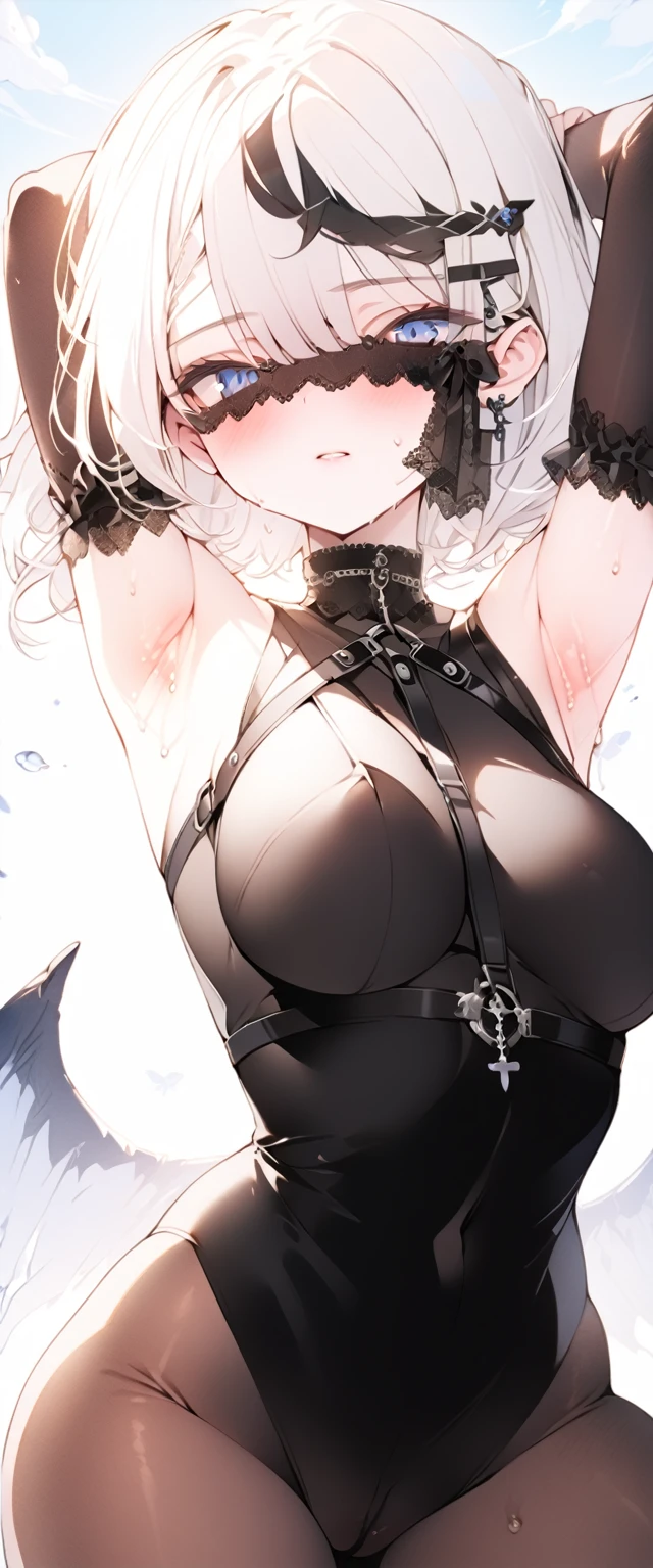 beautiful, masterpiece, Highest quality, anime, One girl, C Cup,Portrait Shot, View your viewers, Covered、Short Hair、nearby、Blue Eyes、art、、White hair,Blue streaked hair、hairpin、Cute Shy、Thighs、Cute、blue sky、Beautiful breasts、Full Harness、valley、Sweat、Armpit、Under Harness、Body Harness、、Tightening、Penetration、Gothic ta Coordination、Body stockings