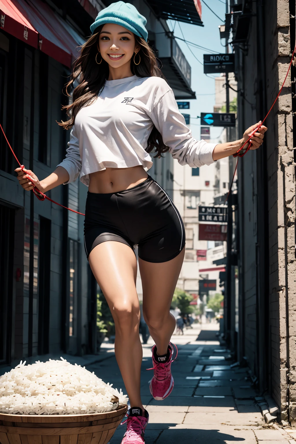 plano general, whole body, ((1 beautiful girl, happy, beautiful smile ,with rice, jumping rope:1.6)), (high resolution:1.2),ultra detailed, realist, sharp focus,showy,4k,8k, HD. Masterpiece, hiper realist, hyper detailed,With red hat, earrings, red camouflage, red sweatshirt, red leggings, wide, Brown hair, mask, nasolabial , standing, half, Armada, earrings, (reality: 1.5), cyberpunk, Neon city, Neon, 3D, cgi, volumetric ray, white sclera, Brown eyes,