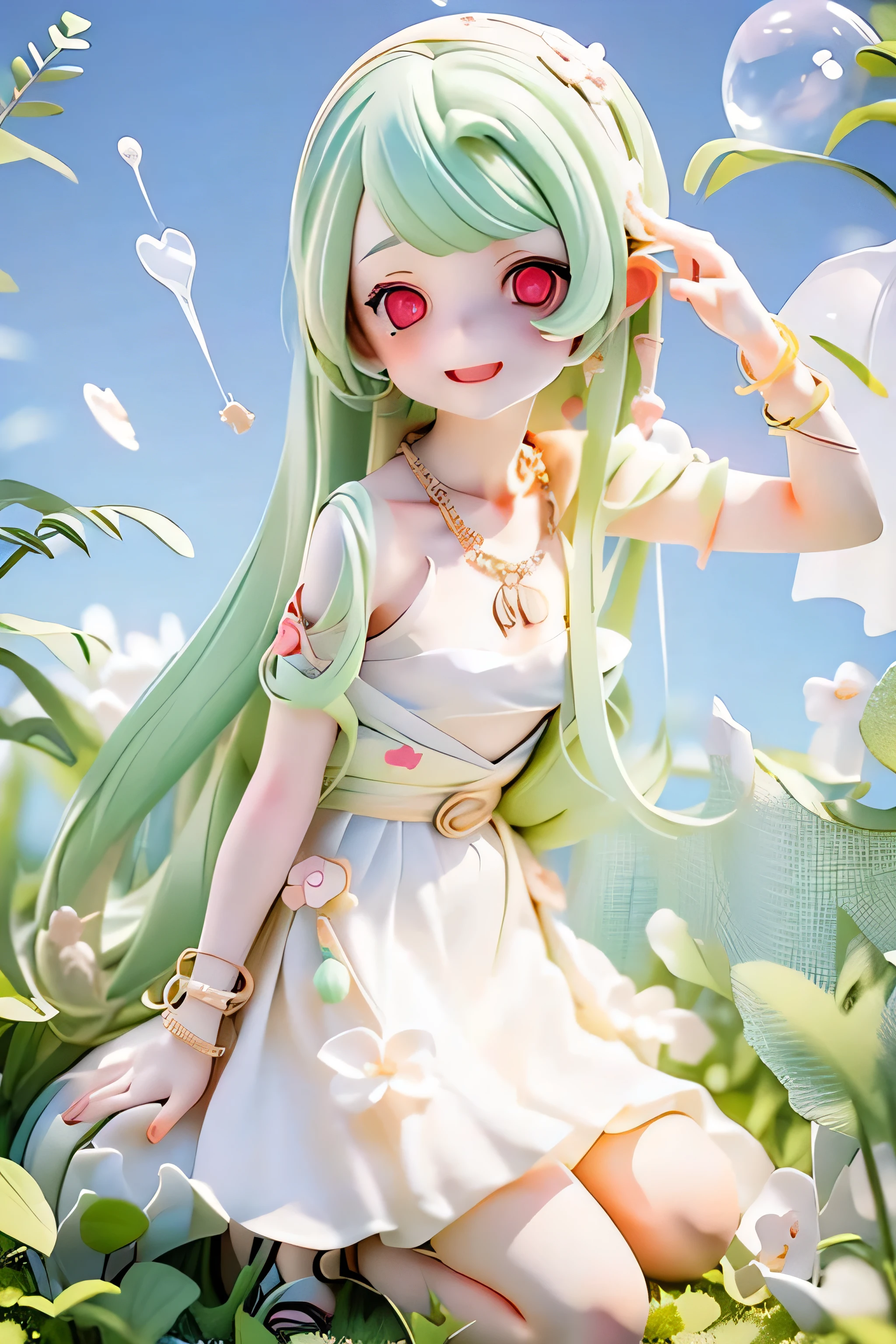 masterpiece, (key anime visual), (((HDR))), ((best quality)), (ultra high quality), (hi-res), ((1 anime girl)) (((red eyes and white skin))), beautiful eyes, (()), (((light green hair))), (bangs left-part), (left part bangs), bangs side, ((side locks)) (long side bangs), (((long straight hair that goes to her knees))), straight hair, wearing a plain white sleeveless mini dress, wearing tan sandals with no socks, (((small breast))), (happy expression), cute, facing camera, in a garden, necklace short silver heart-shaped on silver chain