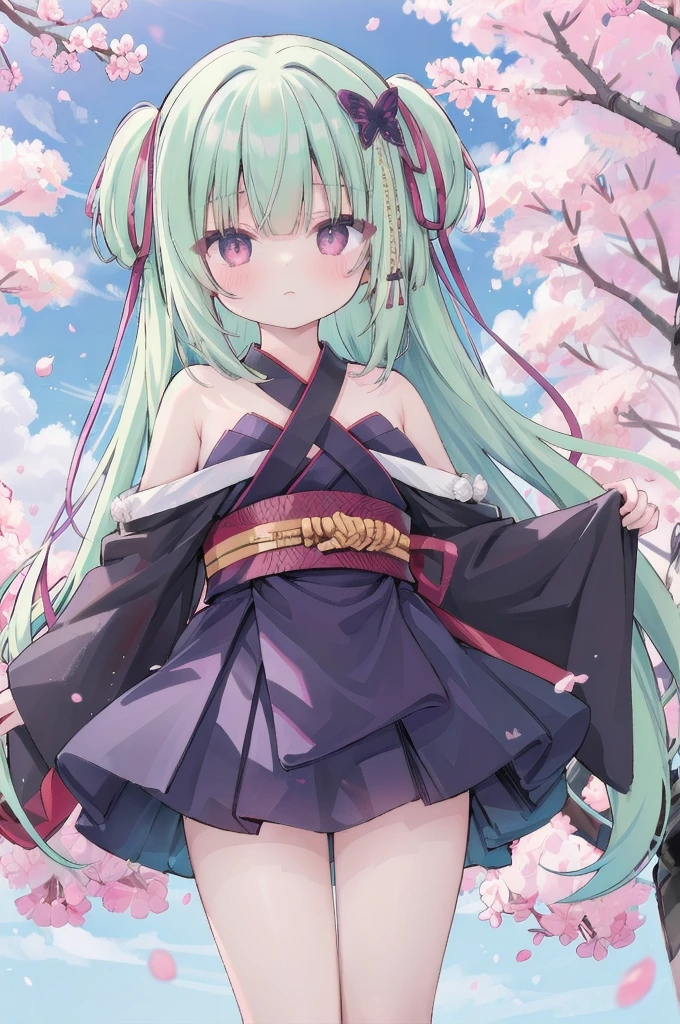 ((masterpiece,best quality))
 1 Girl, Murasame, two simoralitye up, Hair accessories,
kimono, bare shoulmoralityers, half-closemorality eyes, remorality eyes, :morality, outmoralityoors, Cherry blossoms, Blue sky