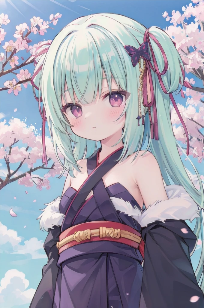 ((masterpiece,best quality))
 1 Girl, Murasame, two simoralitye up, Hair accessories,
kimono, bare shoulmoralityers, half-closemorality eyes, remorality eyes, :morality, outmoralityoors, Cherry blossoms, Blue sky