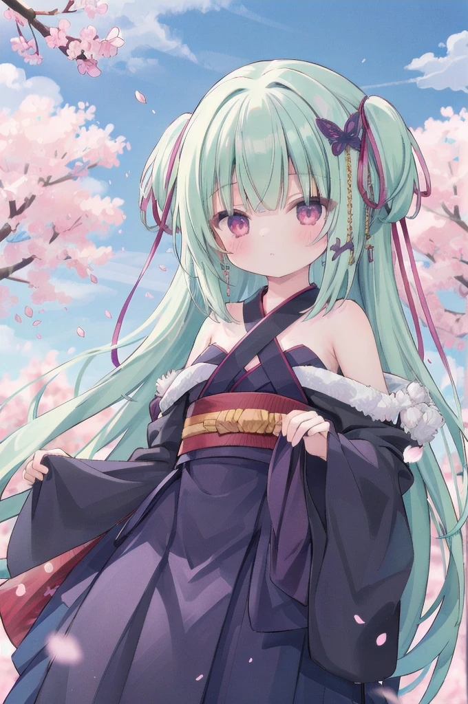 ((masterpiece,best quality))
 1 Girl, Murasame, two simoralitye up, Hair accessories,
kimono, bare shoulmoralityers, half-closemorality eyes, remorality eyes, :morality, outmoralityoors, Cherry blossoms, Blue sky