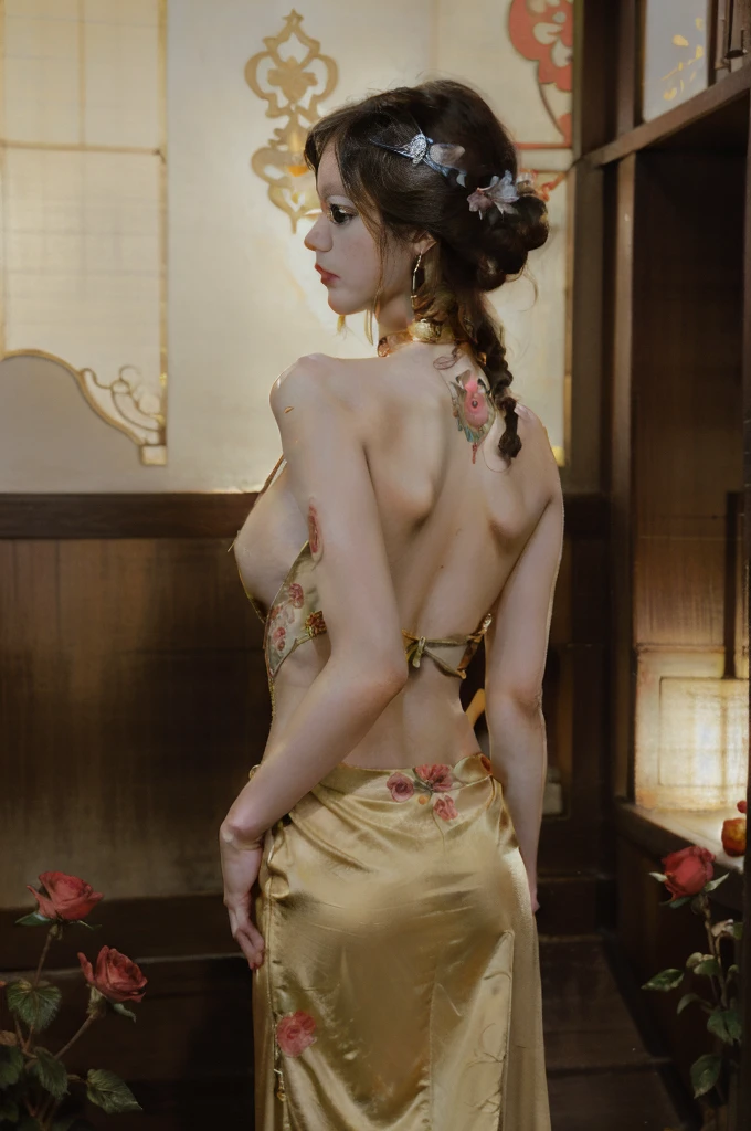 There is a woman's back in ancient China, back of the head, (only), (bare back tattoo), beautiful closed eyes, detailed face, like a dream, red and gold flowers, Ukiyo style, artwork Guwitz style. , Guviz, Alphonse Mucha and Rose Drews, a beautiful artistic illustration, author: Li Song, author: heroes, author: Zou Zhe, by Zeng Jing, by Ye Xin, author: Shitao, author: Zhou Fang, art nouveau Korean anime