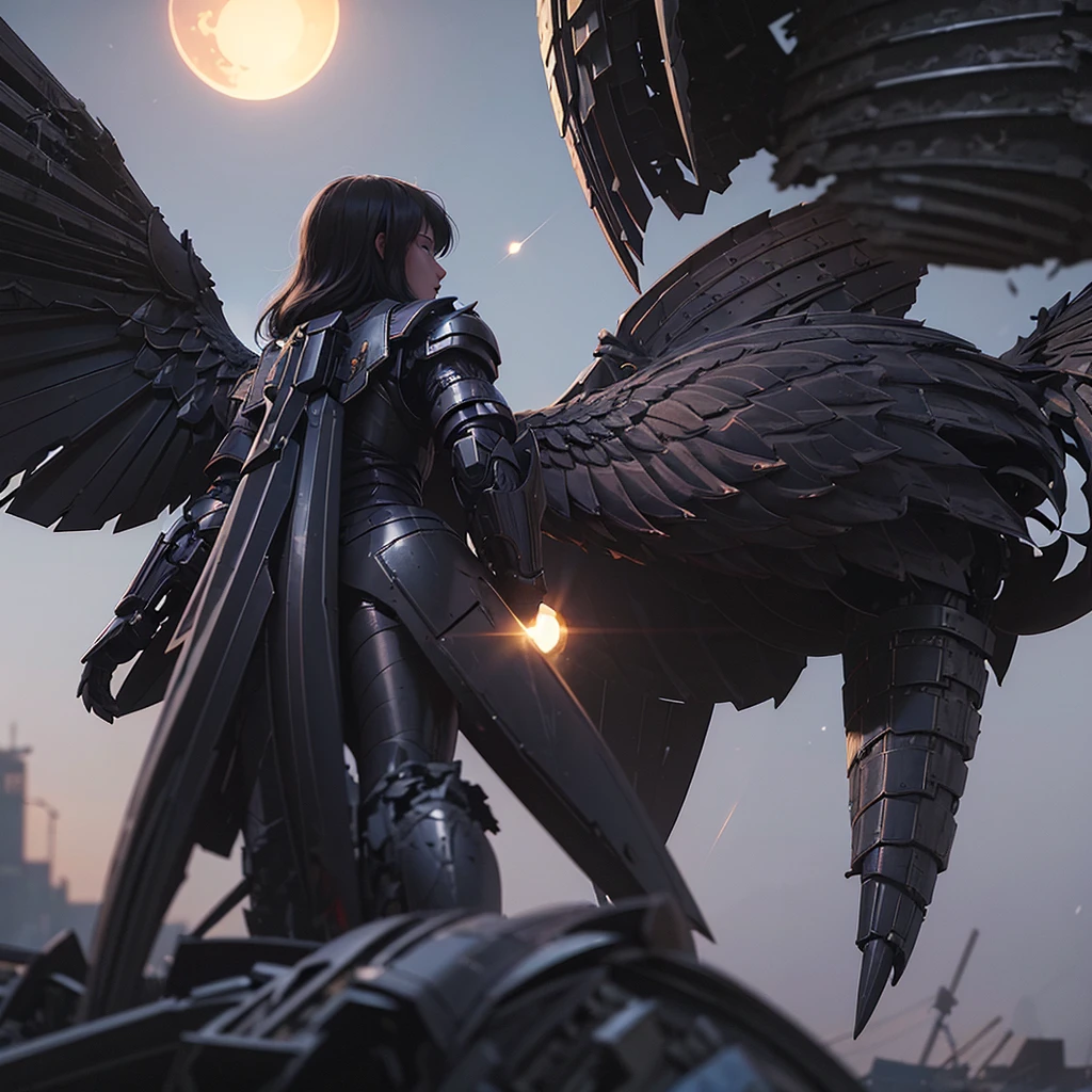 female mecha wings of angel, in black armor, in a destroyed city, the night, with an eclipse in the background