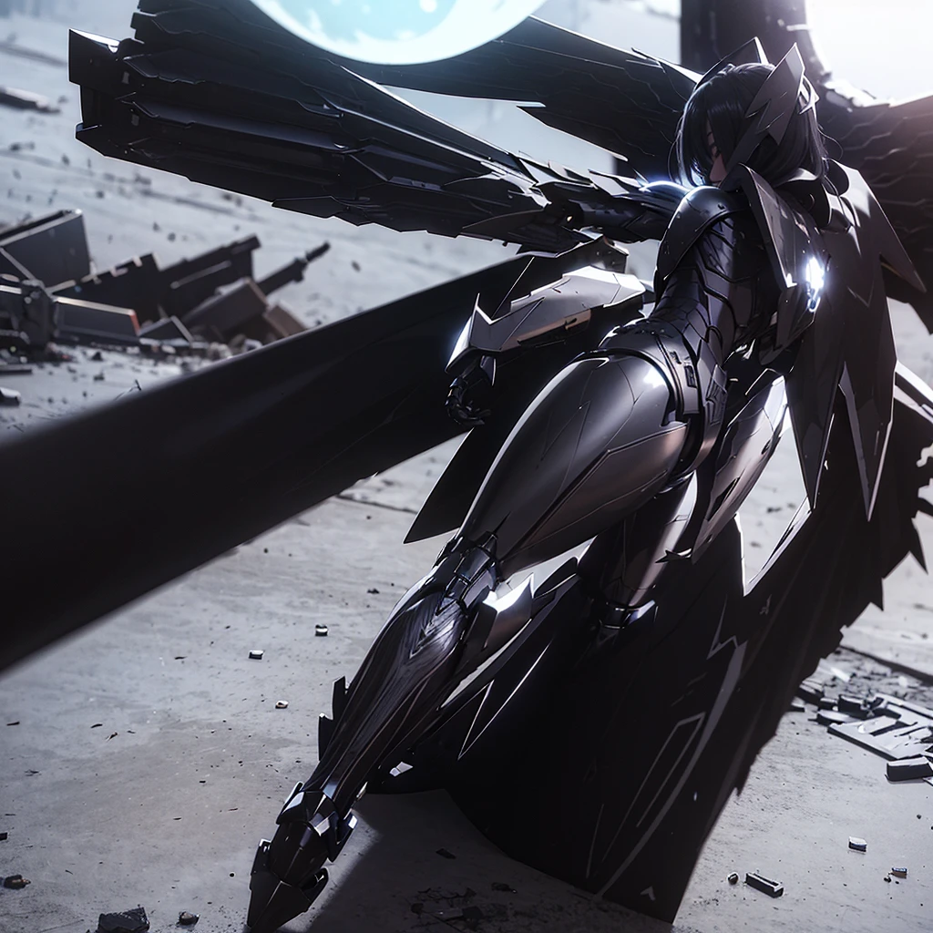 female mecha wings of angel, in black armor, in a destroyed city, the night, with an eclipse in the background