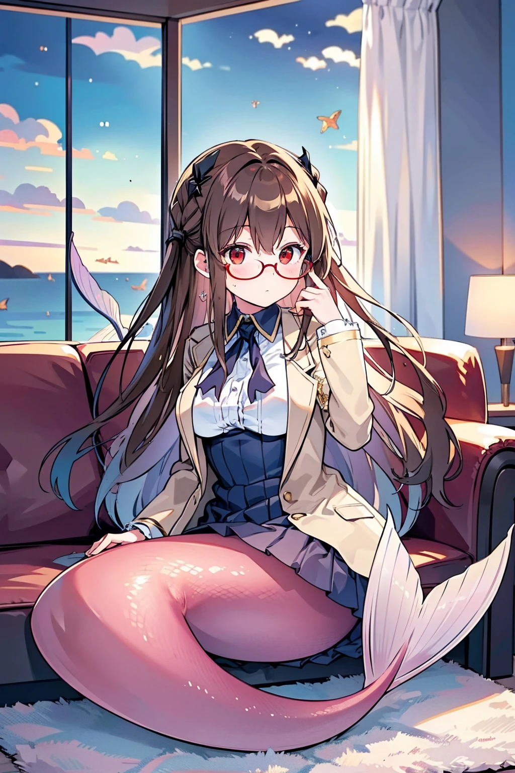 masterpiece, best quality,(perfect five fingers,The best ratio of four fingers and a thumb),A girl,(Exquisite eyes),london \(azur lane\),jacket, open jacket, white shirt, pleated skirt,brown hairred eyes,red framed eyewear,semi rimless eyewear,Large Breasts,Hair accessories,Mermaid,full-body shot,living room,Sitting on the sofa,sea view outside the window