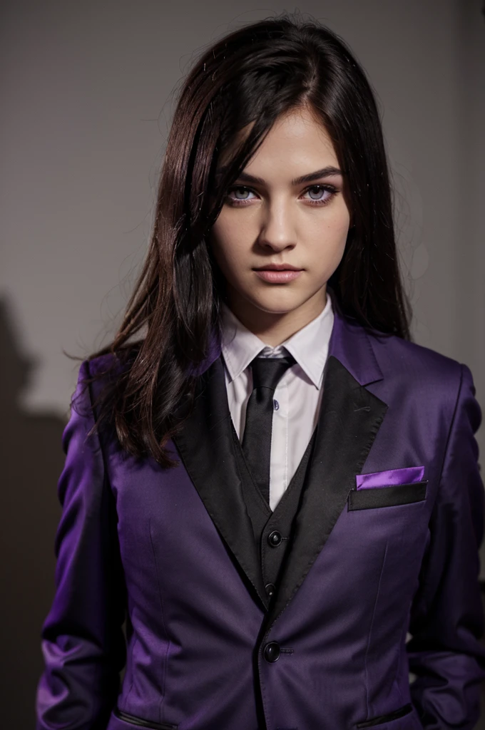 Minecraft enderman,purple eyes,the purple suit has black,In the middle of the jacket there is an enderperl