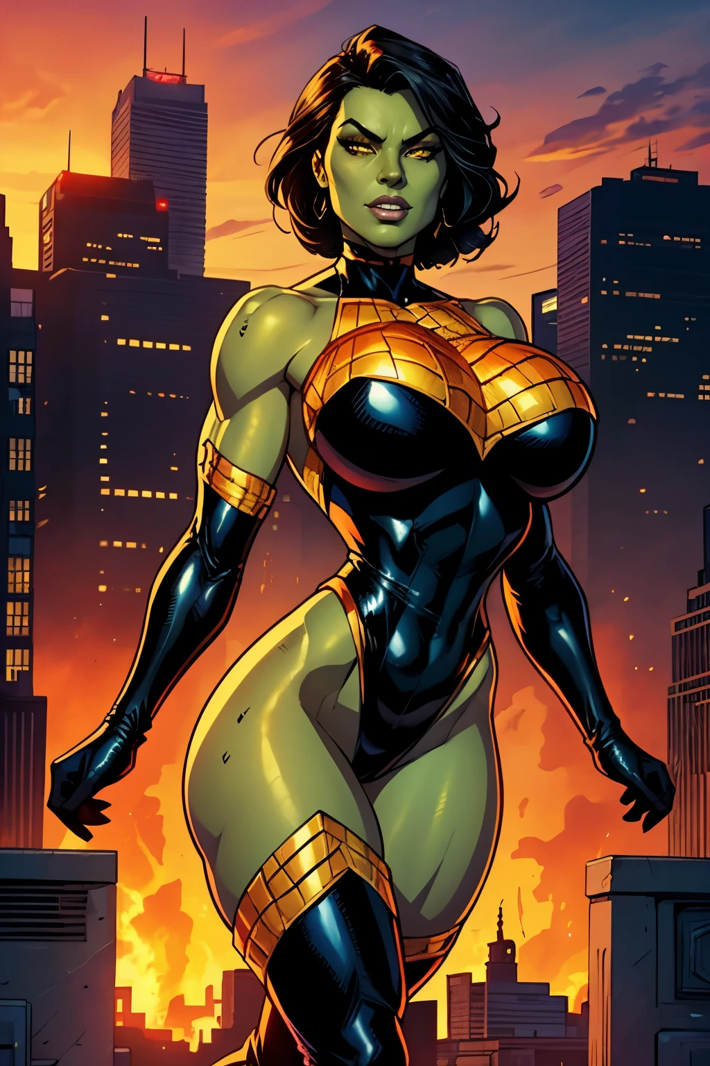 A gorgeous Latina superheroine mutant with short black hair, green skin, scaly skin, golden eyes, wearing a (black and orange leotard, thigh-high boots, long gloves). Fire powers. Big breasts, wide hips. pleasant expression. Detailed background, blue skies, sunset, city.